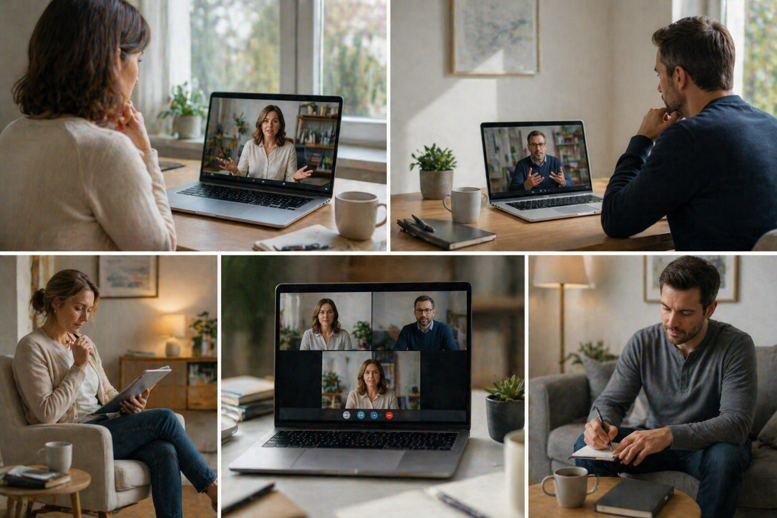 Illustration of a person participating in an online mediation session, sitting at a computer with a mediator on the screen.